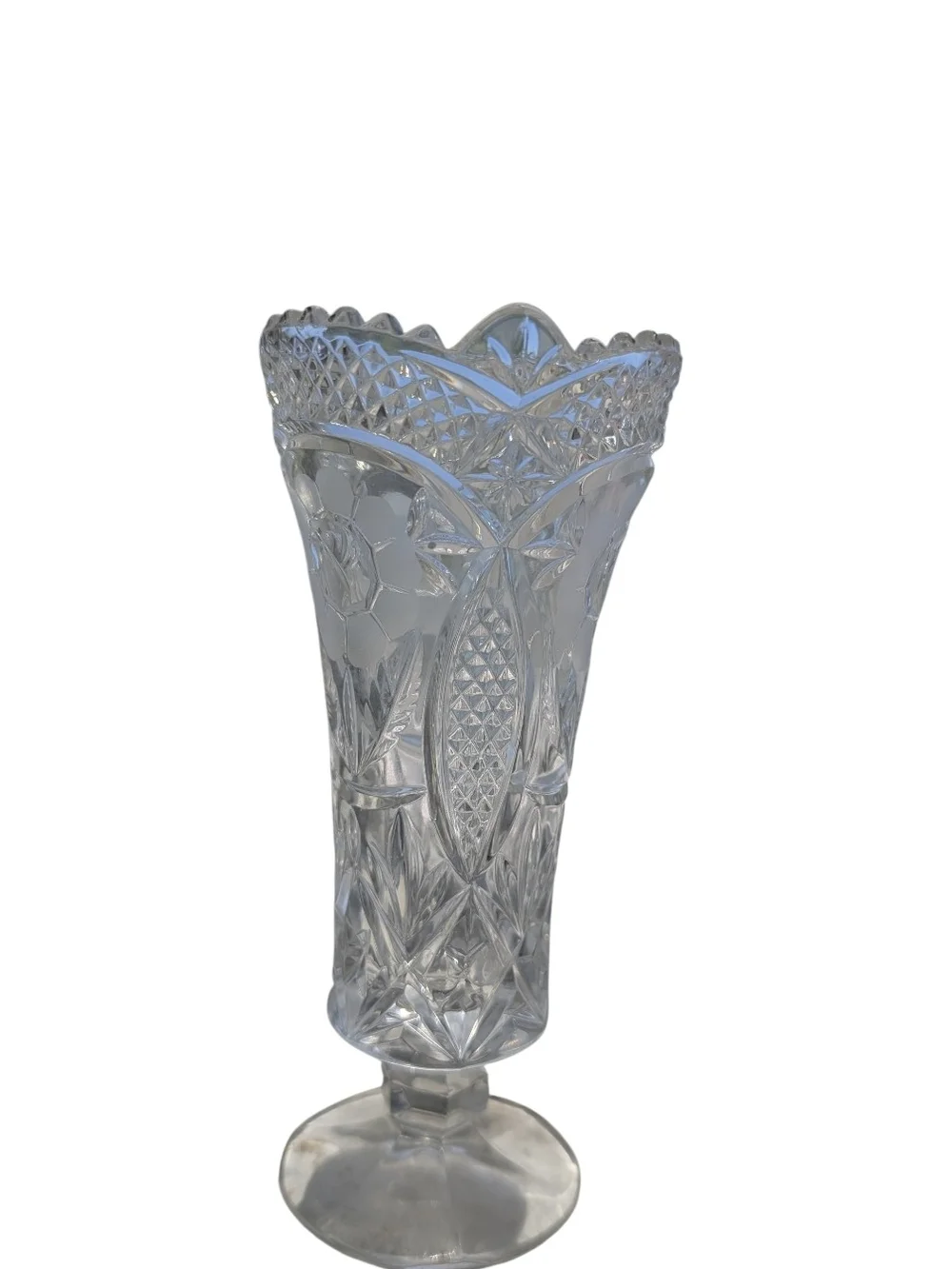 Vintage Anna Hutte Crystal Cut Glass Vase with Floral Detail Sawtooth Edge